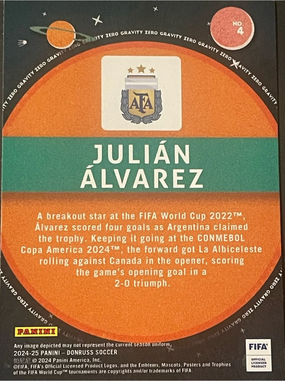 JULIAN ALVAREZ 2024/25 Donruss Zero Gravity - #4 Argentina Card